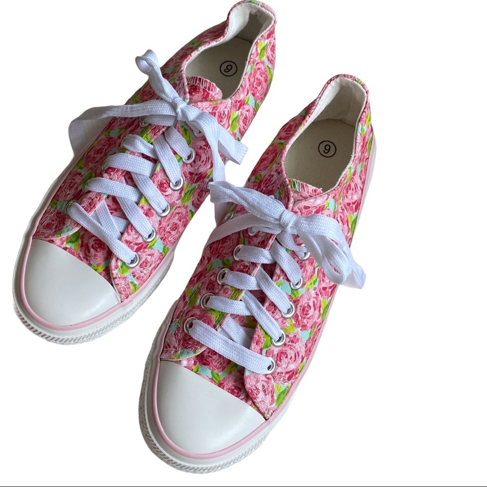 Lilly Pulitzer Style Print Sneakers with Pink and Green Roses HPFI - 6 NWOB